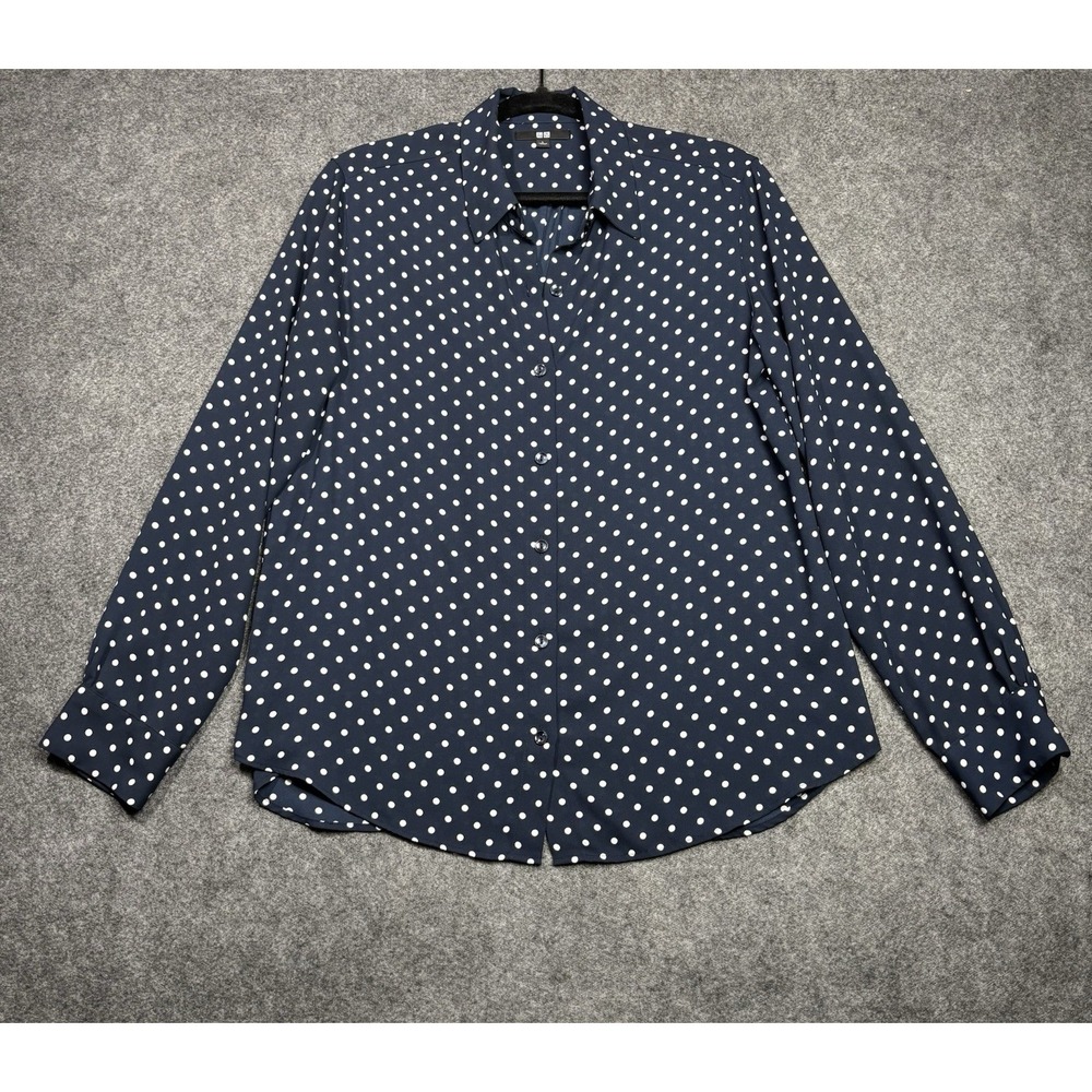 Uniqlo Women's Polka Dot Button‎ Front Blouse Navy White Long Sleeve Size L